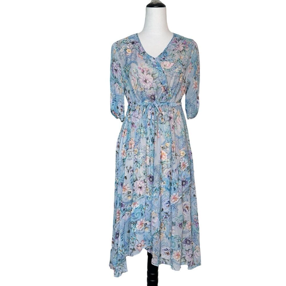 Womens 100% Silk Midi Dress Sheer Asymmetric Floral Fairy Cottage Whimsical Sz S